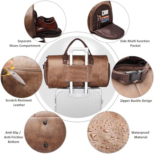 Leather Garment Duffle Bag, 50L Waterproof Travel Bag with Suit Compartment, Shoe Storage, available Black or Brown (Brown)