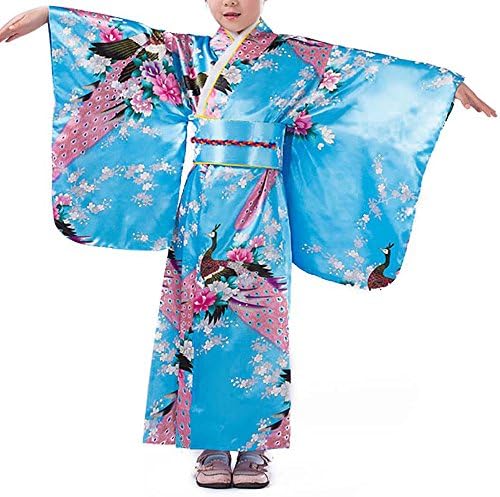 Girls Kimono Costume Japanese Asian Top Dress Robe Sash Belt Fan Set Outfit