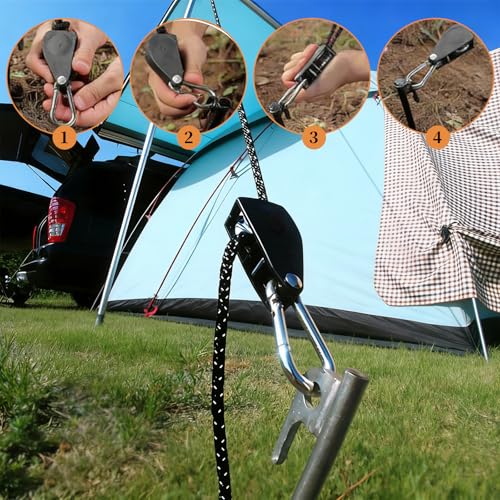 MUYAPAY Set of 4 Ratchet Tensioners, Adjustable Ratchet Rope Retractable Pulley, 4 m Reflective Tent Rope for Attaching a Tent in Full Equipment Essential for Camping Travel Black