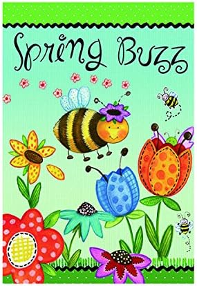 Custom Decor Flag-Cute Cartoon Drawing Spring Honey Bees And Colorful Flowers Banner Polyester Fabric House Flags 12.5 X 18 Inch Fade Resistant And Waterproof