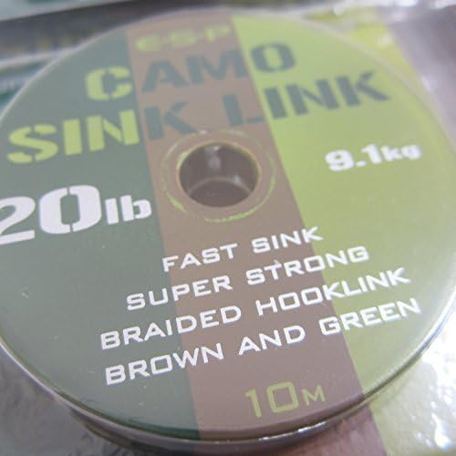 FTD - Min of 1 x 10m E-S-P CAMO SINK LINK BRAIDED HOOK LINE (15lb, 20lb & 25lb) available in (Brown & Green and 3 Tone Brown) for use in Carp fishing rig making - also contains 10 FTD Hair Rigs