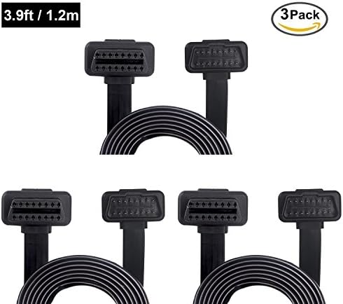 OBD-II OBD2 Extension Cable by Yinat-3Pack , Flat Ribbon Cable with Angled Connectors 1.2m/3.9ft 16-pin Pass-through for all OBD2 Vehicles