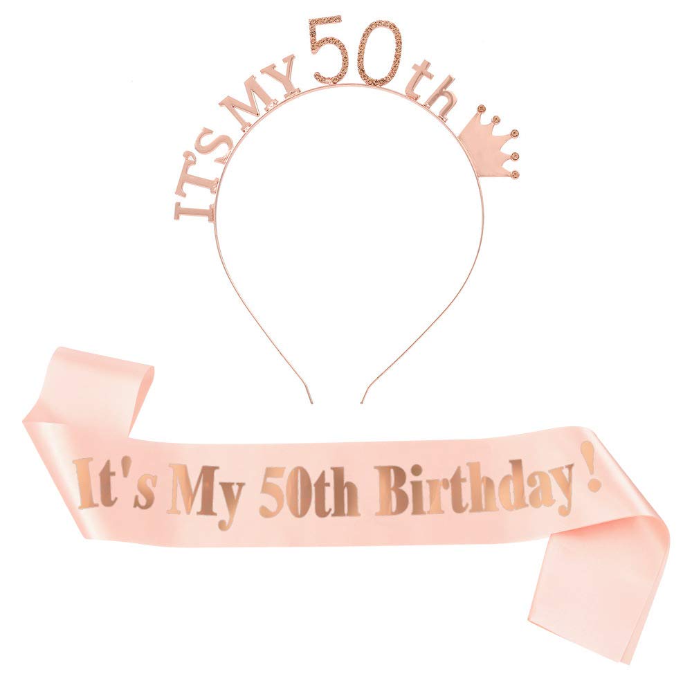 Camelliass 50th Birthday Tiara and Sash, Rhinestone Birthday Crown Headband Satin Sash for 50th Happy Birthday Party Decorations Supplies