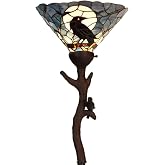 Bieye L10959 Raven Tiffany Style Stained Glass Torchiere Floor Lamp | Full-moon scene; bare branch silhouette; sculpted tree-trunk base; 14