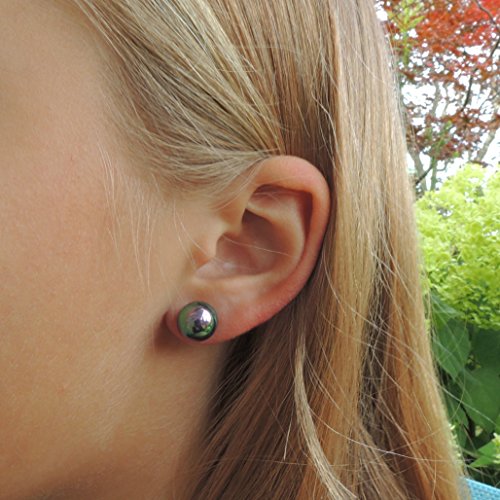 10mm Simulated Shell Pearl Earrings on Stainless Steel Posts, Black AB finish