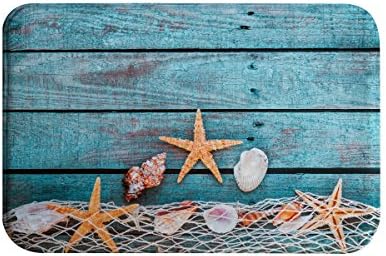 DENGYUE Seashell and Starfish Decorative Bath Rug, 3D Print Scene Microfiber Water Absorbent No Slipping Rubber Backing Neat Bathroom Floor Mat, Blue Ocean