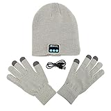 Homedeco Soft Warm Beanie Hat Wireless Bluetooth Smart Cap Headset Headphone Speaker Mic Bluetooth Hat with Touchscreen Gloves (Light Gray)