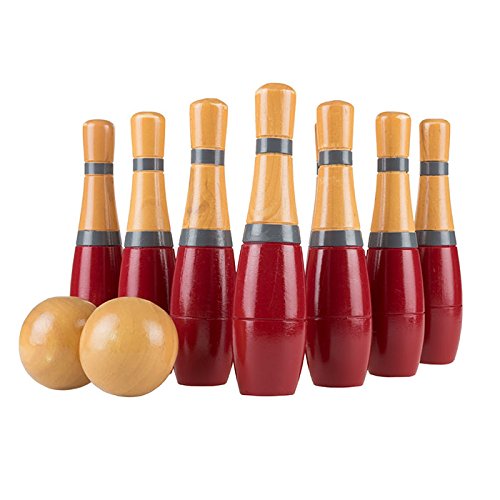 Wooden Lawn Bowling Set with Ten 8-Inch Pins and 2 Balls - Includes Bonus Carrying Bag! (RED)