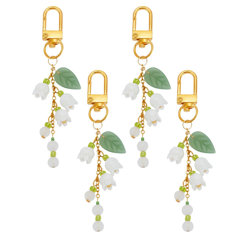 DELORIGIN 4pcs Lily of the Valley Keychains, Glass Charm Keychains with Swivel Clasps Flower Bag Purse Charms Floral Leaf Keyrings for Spring Summer Home Car Keys Women Handbag Decoration
