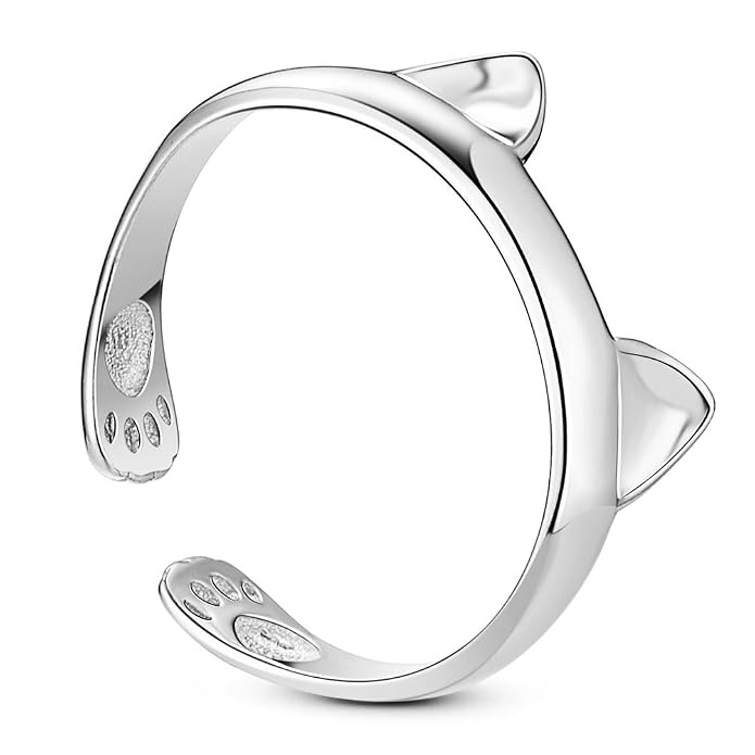 925 Sterling Silver Finger Ring with Cat Ear and Paw Platinum