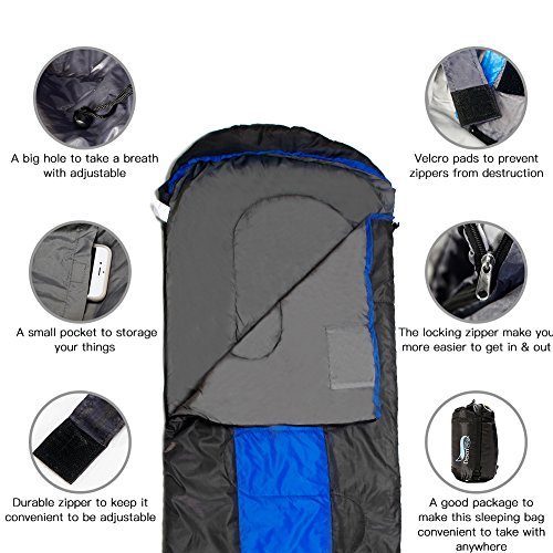 Yooan Sleeping Bag, Comfort Portable Lightweight Envelope Sleeping Bag with Compression Sack for Camping,Hiking,Backpacking,Traveling and Other Outdoor Activities -Single,Blue+Grey,(75"+12") x33 - Thumbnail 6