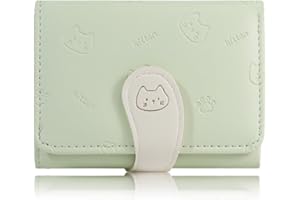 AfitLulu Cute Wallet for Women, PU Leather Fashion Kitten Buckle with Cartoon Printed Three Fold Small Wallet Women with Heart shaped ID Window, Can Store Credit Cards, Cash (Green)