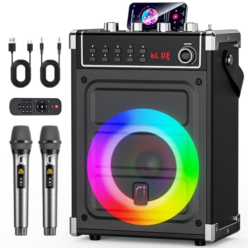 JYX Karaoke Machine with Two Wireless Microphones, Bass/Treble Adjustment and LED Light, TWS Support, AUX Input, FM Radio, REC, Party/Meeting/Wedding Supply - Black