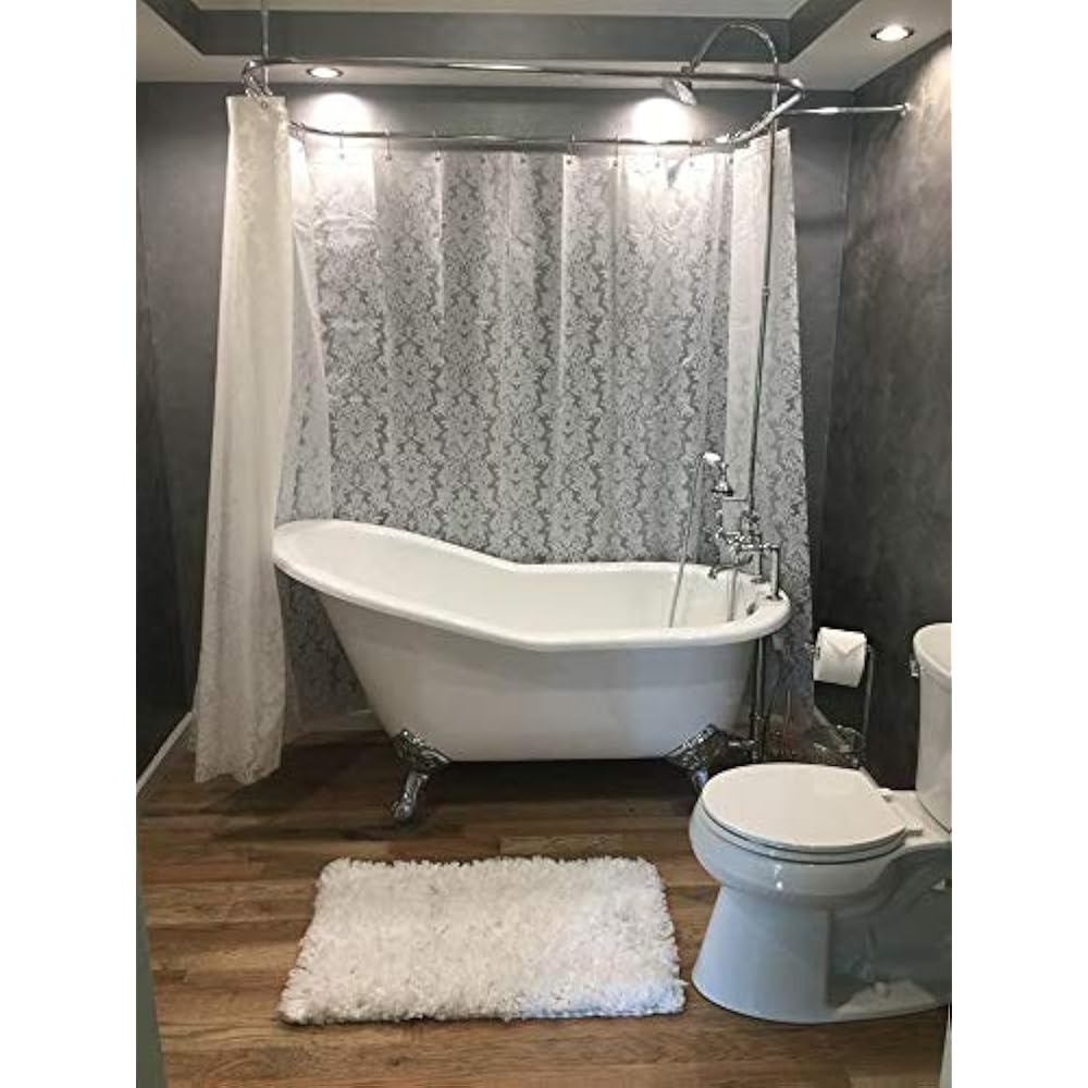 White Floral Damask All Around Shower Curtain Set 180 X 70 Inches