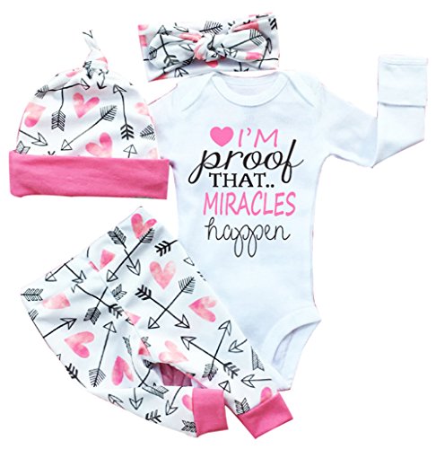 Baby Girls Clothes Long Sleeve "Miracles" Romper Outfit Pants Set +Hat+Headband (0-3 months, pink)