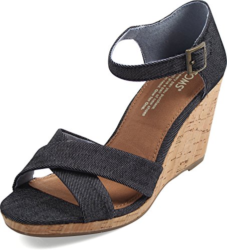 TOMS Women's Sienna Wedge Sandal Black Denim Size
