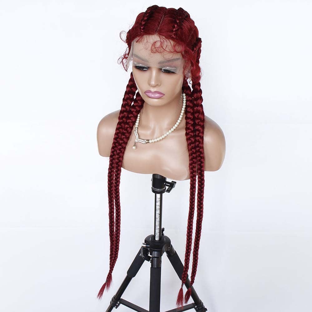 Xiweiya Wigs 36"Long Dark Red braid Wigs Synthetic Red Lace Front Wig With Baby Hair 4Box Braiding Hair HandMade Braid Wig…
