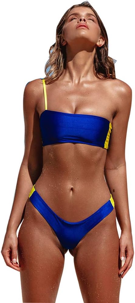 Women's 2 Pieces Sport Bandeau Bikini Swimsuits Off Shoulder Cheeky High Waist Bathing Suit High Cut