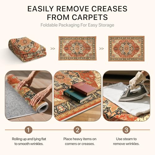 BEIMO Reversible Short Pile Living Room Rug, Vintage Non-Slip and Washable Rugs, Large Carpet for Living Room, Bedroom, Dining Room, Terracotta Red and Black, 80 x 150 cm