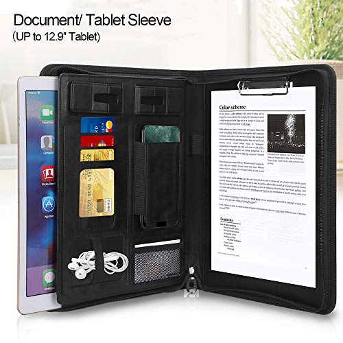 Portfolio Padfolio Case, Skycase Business Portfolio Folder, Zippered Conference Folder Document Organizer with Letter Size Clipboard, Document/Tablet Sleeve(Up to 12.9'' Tablet) and Card Holders Black