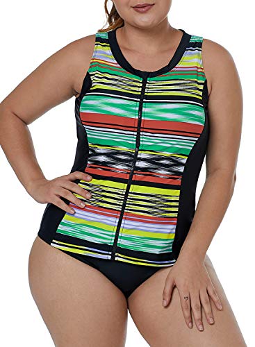 ROSKIKI Womens Zipper Striped Print High Neck Tankini Swim Top Plus Size Athletic Rashguard Swim Shirt No Bottom