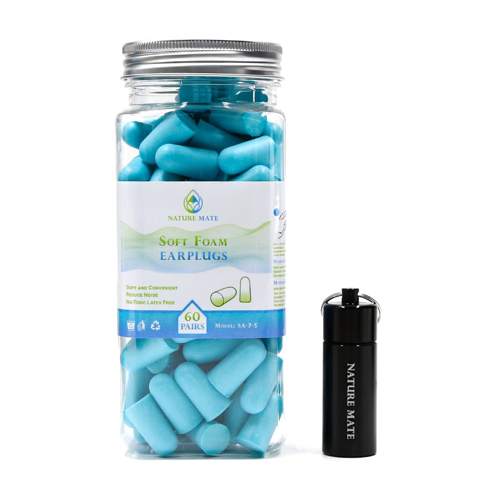 Nature Mate Super Soft Reusable Foam Earplugs 38dB Highest SNR 60 Pairs Anti-Noise Ear Plugs for Sleeping Snoring Studying Travel Concerts Loud Noise with Compact Carrying Case (Blue)