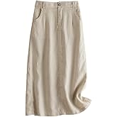 IDEALSANXUN Womens Cotton Linen Skirts Spring Summer A Line Midi Skirt with Pockets Beach Vacation Clothes