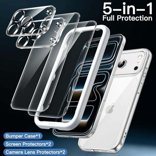 JETech 5 en 1 Funda para iPhone 17 Pro MAX 6.9 Pulgadas con 2 Protectores Pantalla Mica Cristal Vidrio Templado y 2 Protectores Lente Cámara, Carcasa Anti-Amarillo Antigolpes (Transparente)
