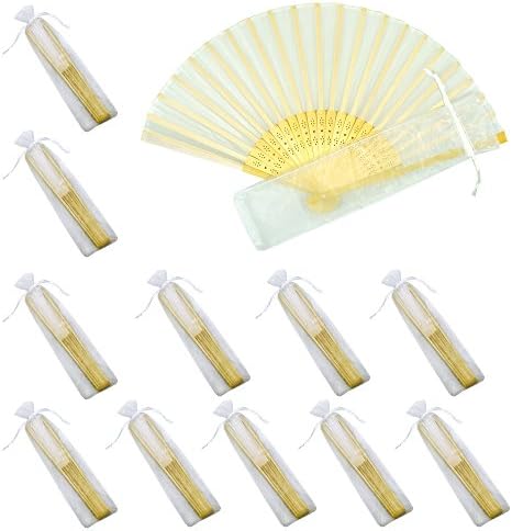Mcuppe Hand Folding Fans Handheld Silk Bamboo Fans with Gift Bags Wedding Party Favours Home Office DIY Decoration Bridal Dancing Props (12 Pack)