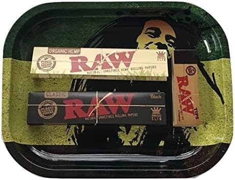 Raw Rolling Tray Bob Marley Rasta King Size Raw Papers Tips Bundle