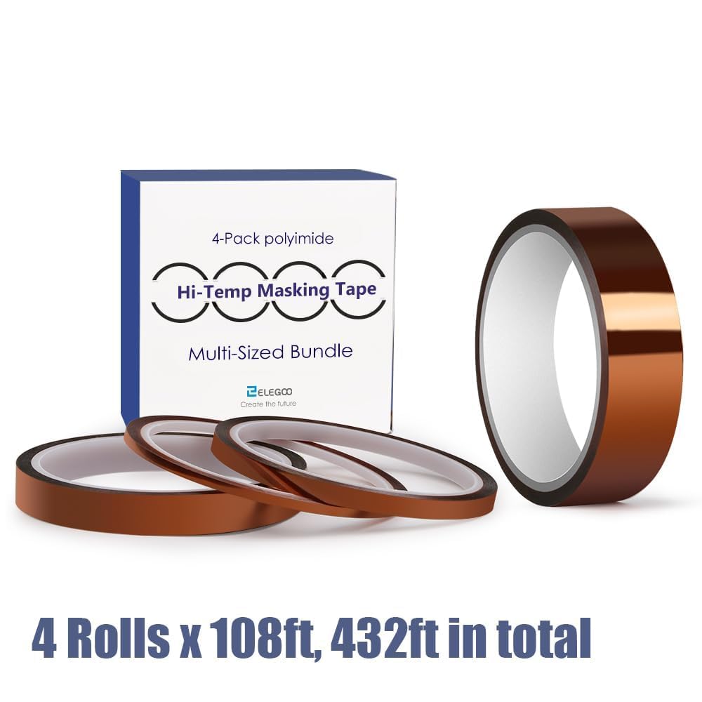 ELEGOO High Temp Tape, 4 Pack Polyimide High Temperature Resistant Tape Multi-Sized Value Bundle 1/8’’, 1/4’’, 1/2’’, 1’’ with Silicone Adhesive for Masking, Soldering etc.
