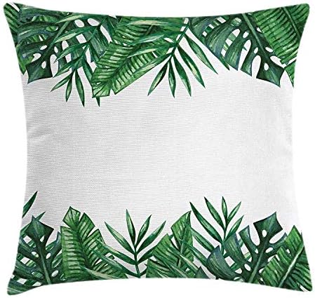 nikeely Palm Leaf Throw Pillow Cushion Cover, Framework with Rainforest Foliage Leaves in Watercolors, Decorative Square Accent Pillow Case, 18 X 18 Inches, Hunter Green Forest Green White