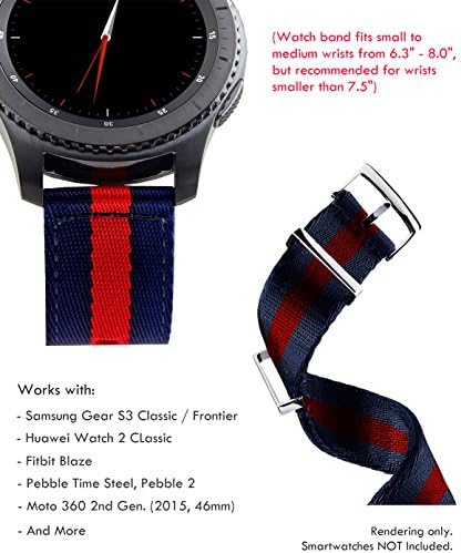 Truffol 22mm 2-Piece NATO Strap for Samsung Gear S3 Frontier & Classic, Fitbit Blaze, Huawei Watch 2 Classic - Quick Release Nylon Watch Band with Steel Metal Buckle Loop (Navy Blue & Red)