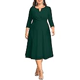 Plus Size Wedding Guest Dress - Church Midi Fall Semi Formal 3/4 Sleeve V Neck A-line Dress for Women 2025