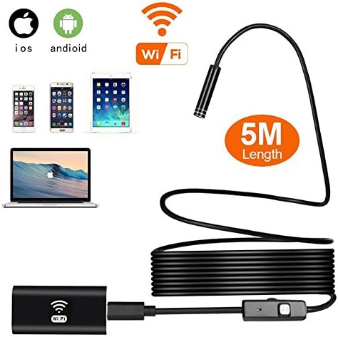Wireless Endoscope, Wifi Waterproof Wireless Borescope with 8 mm Lens 6 LED Inspection Camera Endoscopic Semi Rigid Hard Tube and Software for Iphone IOS/Android/Smartphone/PC (5M/16.4ft)
