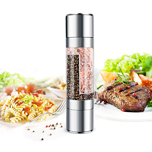 Mixoo Salt and Pepper Grinder Set, 2 in 1 Features with 2 Adjustable Ceramic Coarseness and 2 Fillable Spaces, Brushed Stainless Steel and Clear Acrylic Body