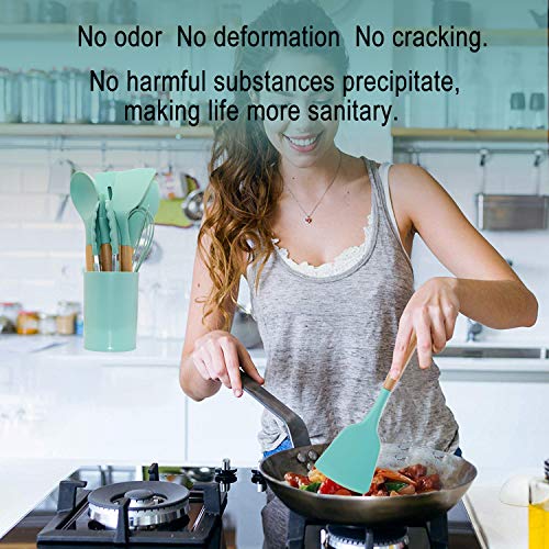 Kitchen Utensil Set, CROSDE 15pcs Cooking Utensils Set Silicone Kitchen Tools Wooden Spatula Set Cookware Turner Tongs Spatula Spoon Kitchen Gadgets with Holder - Teal - Thumbnail 7
