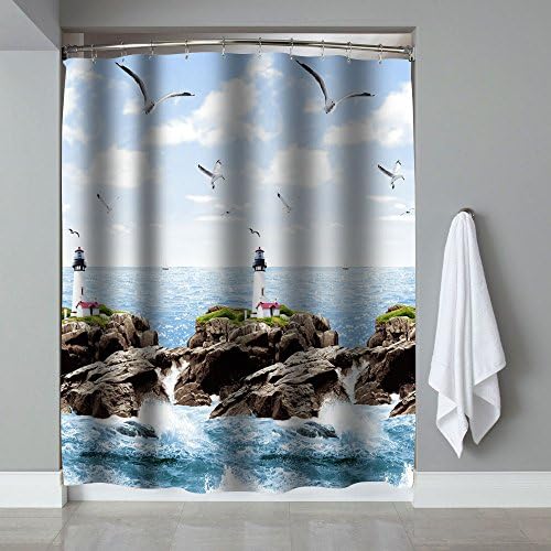 Premium Quality Blue Sea Lighthouse Bathtub Shower Curtain by PeakHut- 100% Polyester Waterproof Fabric Curtain For Bathroom - Includes 12 Curtain Rings, 71 Inch x 79 Inch (LightHouse)