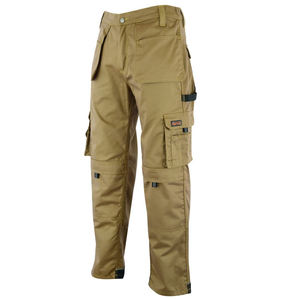 WrightFits Men Pro-11 Work Trousers Khaki - Heavy Duty Safety Combat Cargo Pant - Multi Pockets & Knee Pad Pockets - Triple Stitched -Durable Work wear (38W X 29L, Khaki)
