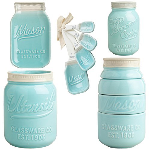 Blue Mason Jar Ceramic Kitchenware Complete Set: Measuring Cups and Spoons, Cookie Jar, Utensil Crock, Spoon Rest