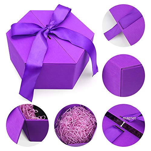 Johouse Gift Box, 8 inches Large Purple Gift Box, with Cover Ribbon and Lafite for Wedding, Christmas Gifts, Valentines Day