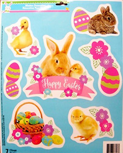 Easter Spring Decorative Window Clings Reusable Stickers Decor Easter Decorations (7 Happy Easter Real Bunnies Chicks Flowers Basket)