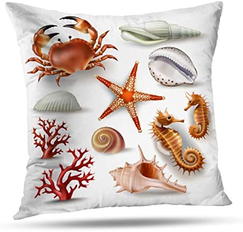 Deronge Crab Decorative Pillow Covers, Throw Pillow Case Badges Stickers Seashells Various and Coral Crab Starfish18 x18 Throw Pillow Covers,Home Decor Couch Sofa Cushion Covers Cotton