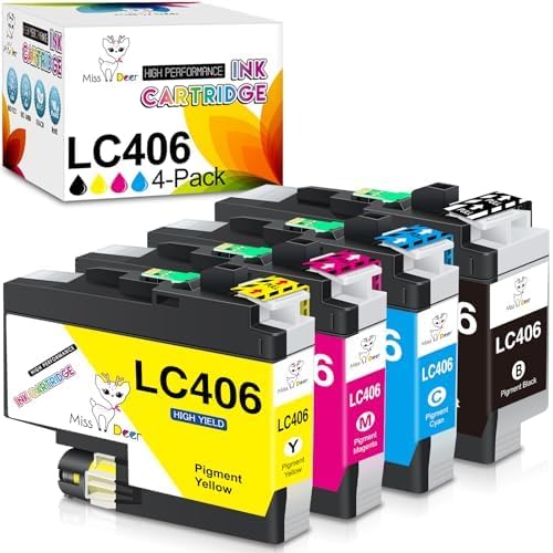 Photo 1 of LC406 Ink Cartridges, Miss Deer Compatible Replacement for Brother LC 406 LC406XL Work for MFC-J4335DW MFC-J4345DW MFC-J4535DW MFC-J5855DW MFC-J5955DW MFC-J6555DW MFC-J6955DW Printer 4-Pack (BK/C/Y/M)