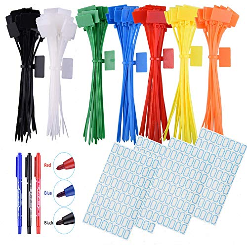 Cable Ties,7 Colors，250pcs,with 3 Marker Pen & 256 pcs Sticker, for Home and Garden Use