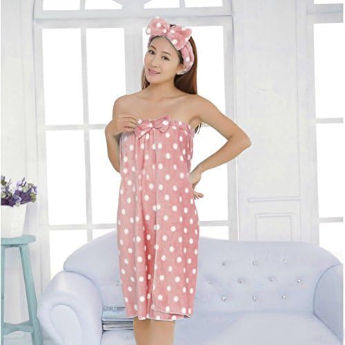 FUJINET Women Absorbent Microfiber Shower Spa Body Wrap Bath Towel With Bow Headband Pink With Dots