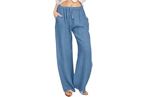 Women Cotton Linen Palazzo Pants Casual Low Rise Drawstring Wide Leg Pants Summer Baggy Comfy Beach Long Trousers