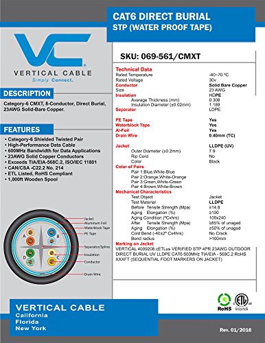 Vertical Cable Cat6, Shielded Waterproof Tape, Direct Burial, 1000ft, Black, Bulk Ethernet Cable