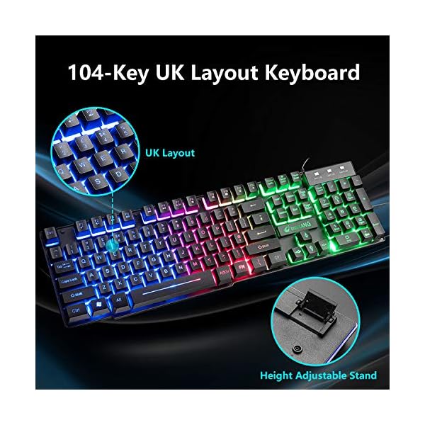 UK-Layout-Keyboard-and-Mouse-Set-104-Keys-Rainbow-Backlit-QWERTY-Keyboard-2400-DPI-4-Buttons-Breathing-Mice-MousePad-USB-Wired-Compatible-with-PC-Windows-Mac-PS4-XBox-Black Gaming Keyboard and Mouse Set, 104 Keys UK Layout QWERTY Rainbow Backlit Keyboard, 2400 DPI 4 Buttons Colorful Mice…