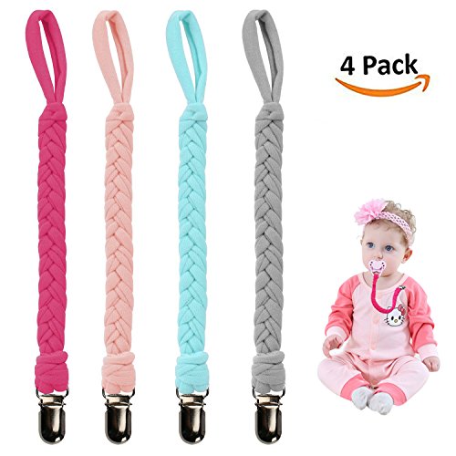 Hombae Pacifier Clips for Boys and Girls, Baby Universal Pacifier Holder for All Styles Pacifiers, Teething Toys or Soothie By Hand-Made Braided (4 Pack)